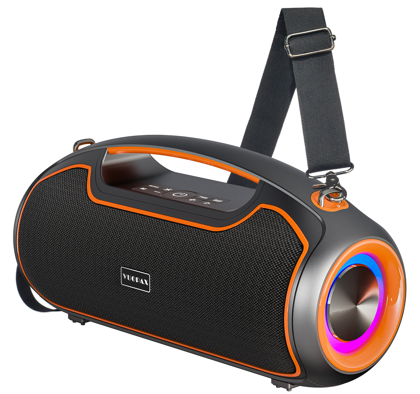 Orange portable Bluetooth speaker with enhanced bass, suitable for parties and outdoor activities