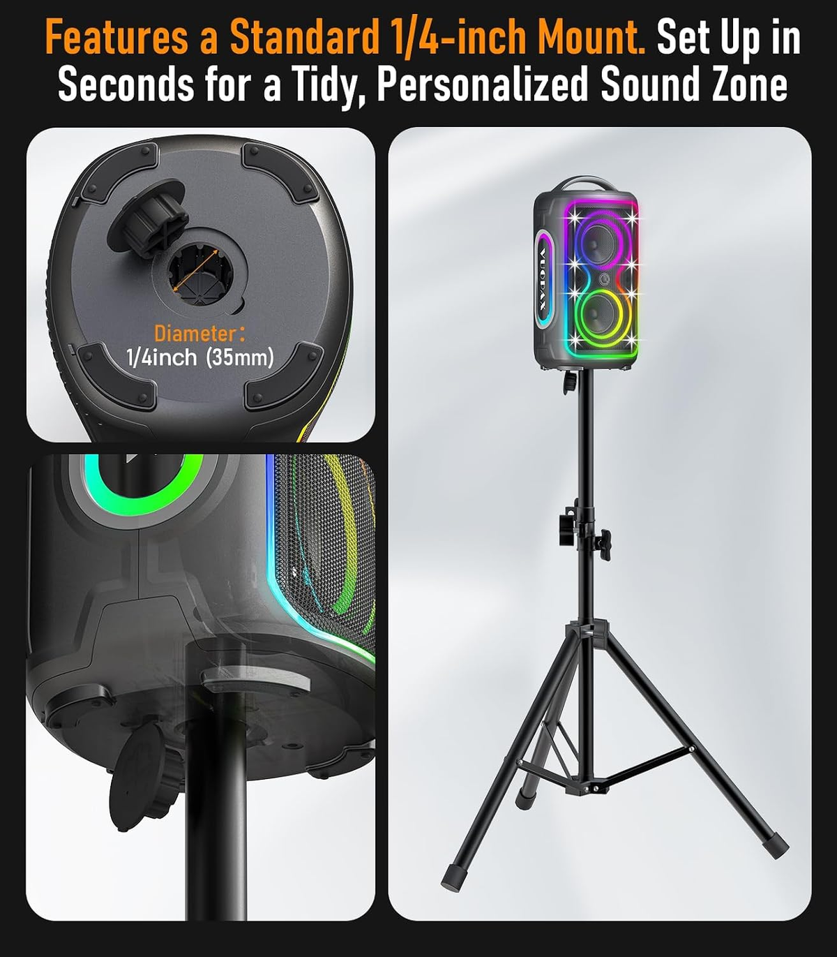 B72 portable Bluetooth speaker features party lights, dual subwoofers, IP65 water resistance, and wireless Bluetooth 5.4