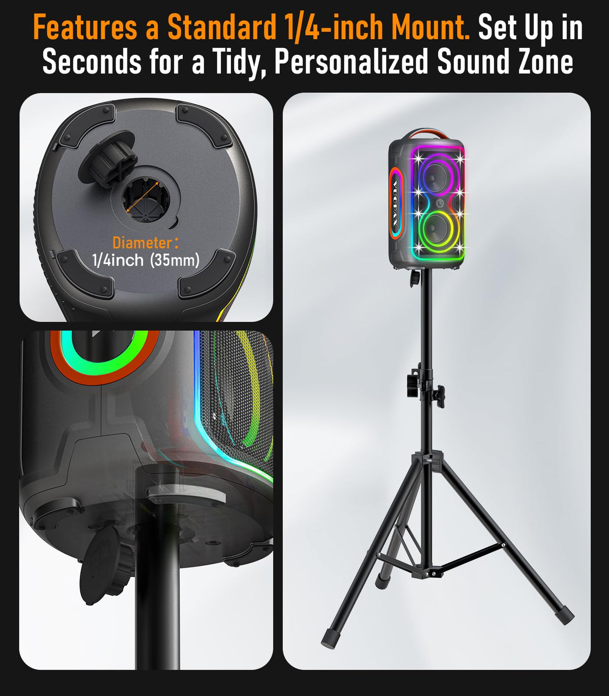 B72 portable Bluetooth speaker features party lights, dual subwoofers, IP65 water resistance, and wireless Bluetooth 5.4