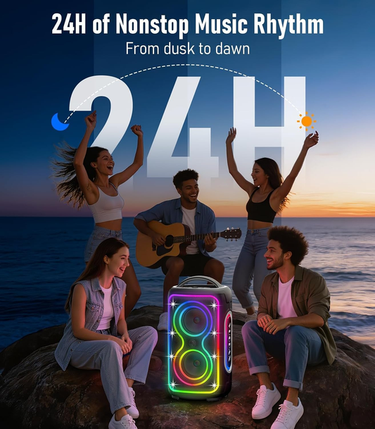 B72 portable Bluetooth speaker features party lights, dual subwoofers, IP65 water resistance, and wireless Bluetooth 5.4