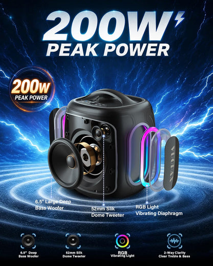 Portable Bluetooth Speaker Wireless,200W Peak Loud Super Deep Bass 6.5" Woofer Outdoor Speaker W/ 18000mAh 24H, BT5.4, IP65 Waterproof, RGB Lights, TWS,Party for Camping, Beach,Work,BBQ
