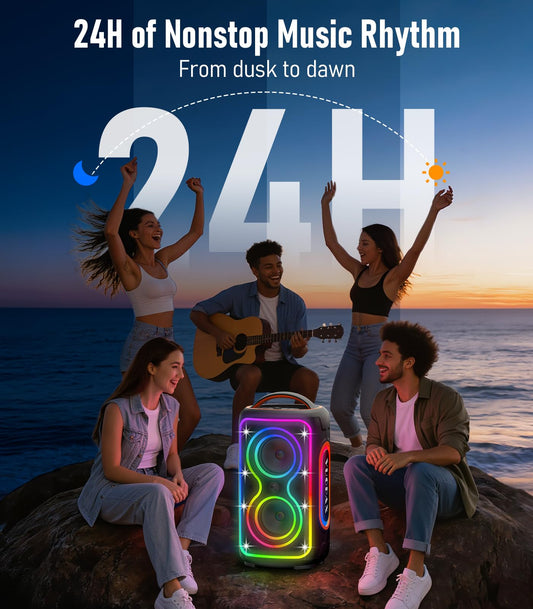 B72  portable Bluetooth speaker features party lights, dual subwoofers, IP65 water resistance, and wireless Bluetooth 5.4