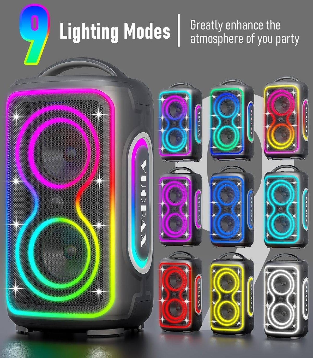 B72  portable Bluetooth speaker features party lights, dual subwoofers, IP65 water resistance, and wireless Bluetooth 5.4