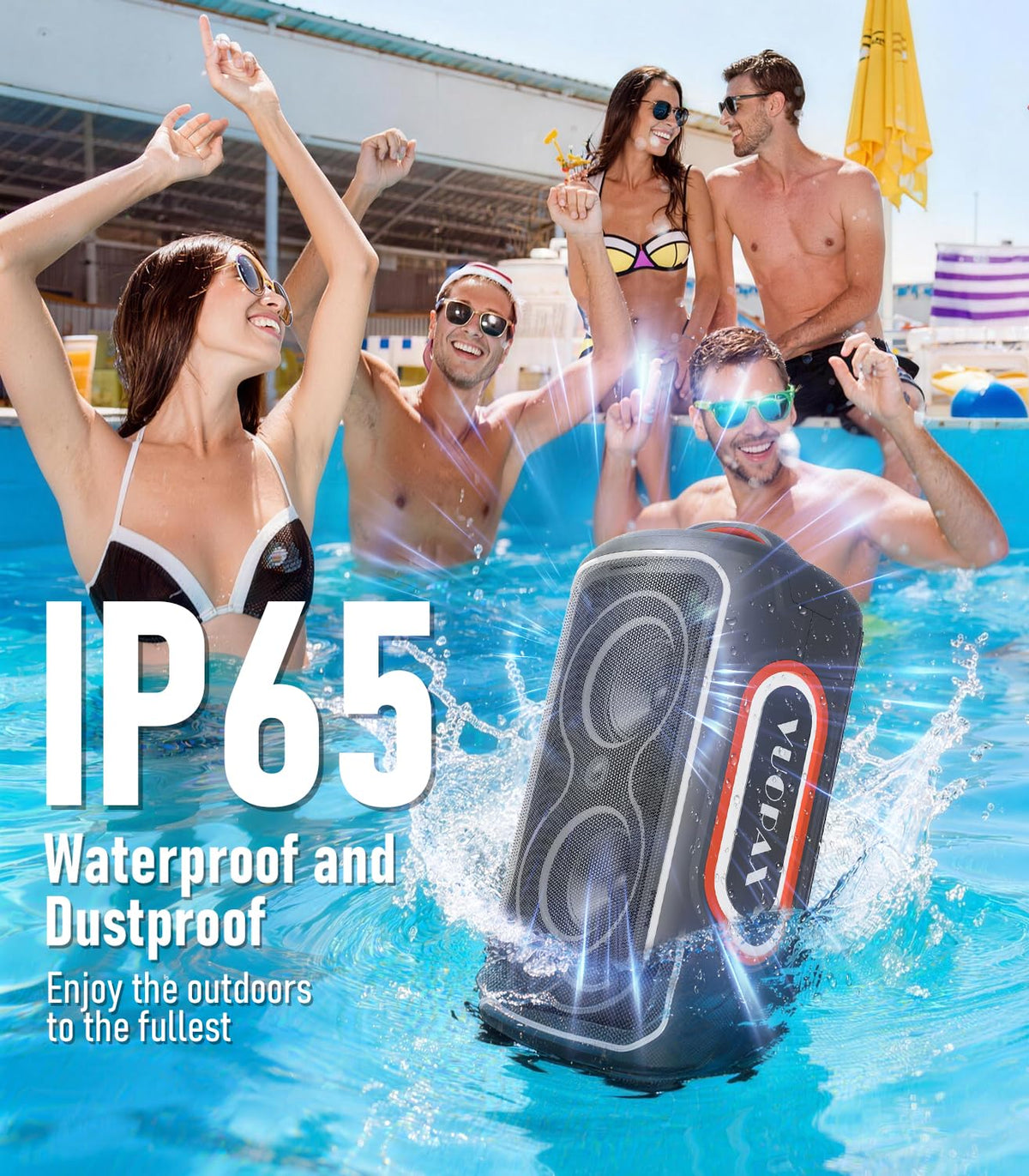 B72  portable Bluetooth speaker features party lights, dual subwoofers, IP65 water resistance, and wireless Bluetooth 5.4