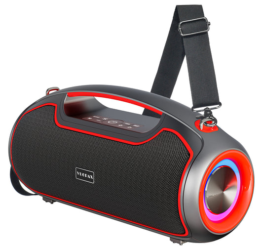 Red portable Bluetooth speaker with enhanced bass, suitable for parties and outdoor activities