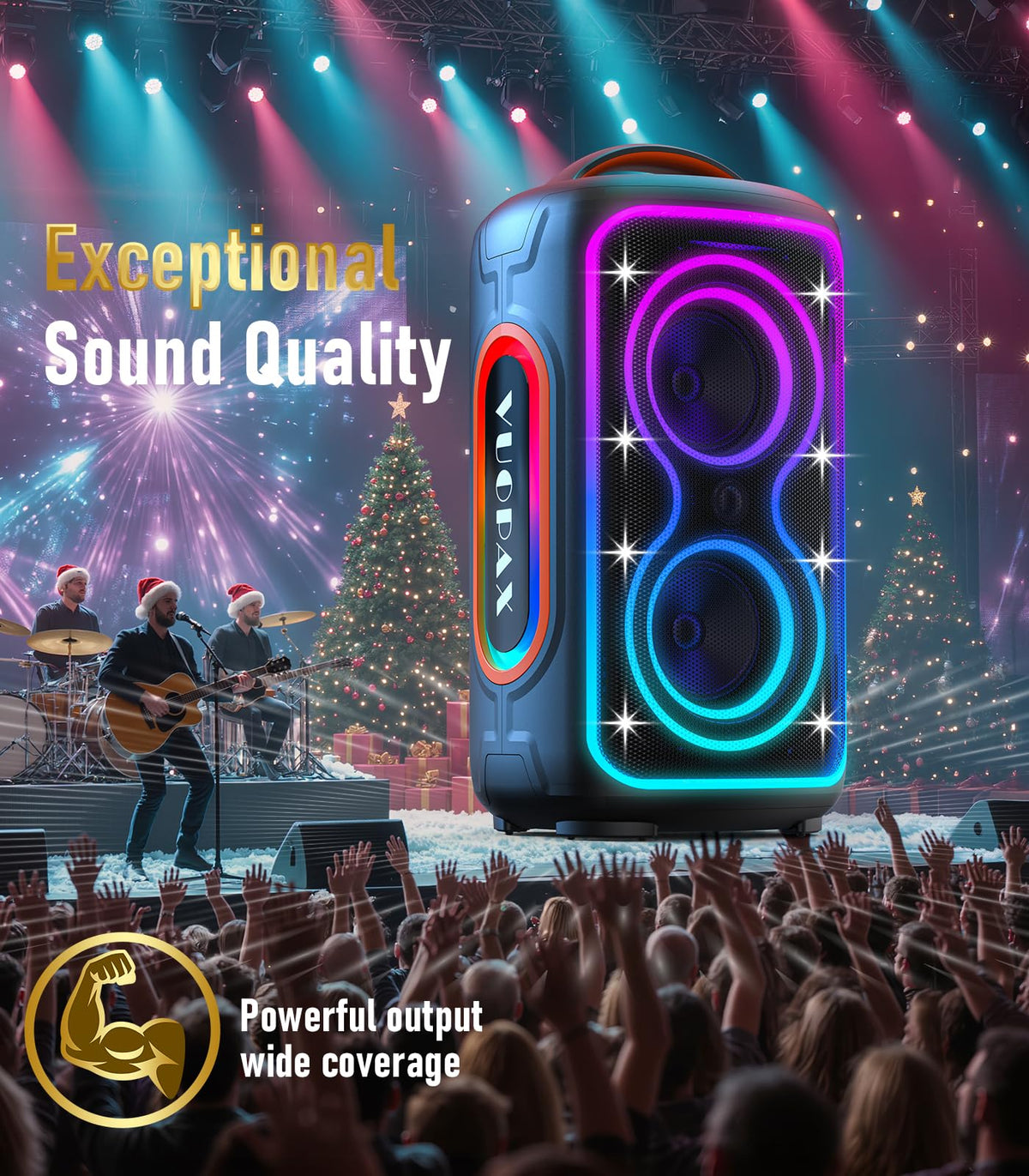 B72  portable Bluetooth speaker features party lights, dual subwoofers, IP65 water resistance, and wireless Bluetooth 5.4