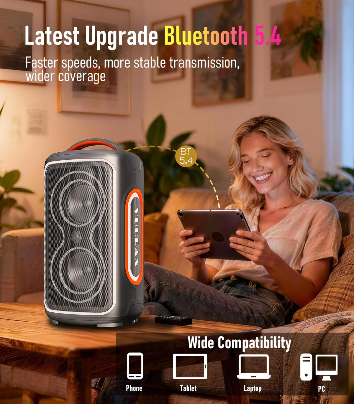 B72  portable Bluetooth speaker features party lights, dual subwoofers, IP65 water resistance, and wireless Bluetooth 5.4