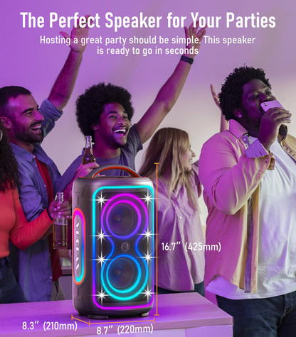 B72  portable Bluetooth speaker features party lights, dual subwoofers, IP65 water resistance, and wireless Bluetooth 5.4