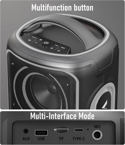 B72  portable Bluetooth speaker features party lights, dual subwoofers, IP65 water resistance, and wireless Bluetooth 5.4