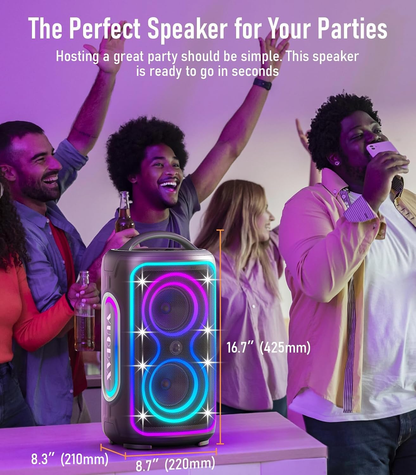 B72  portable Bluetooth speaker features party lights, dual subwoofers, IP65 water resistance, and wireless Bluetooth 5.4