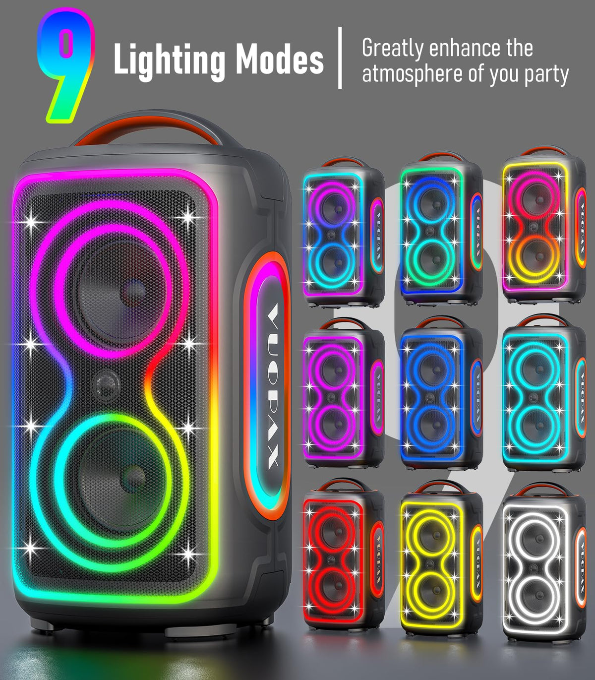 B72  portable Bluetooth speaker features party lights, dual subwoofers, IP65 water resistance, and wireless Bluetooth 5.4