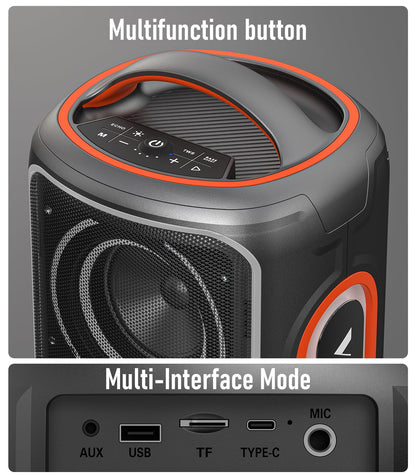 B72  portable Bluetooth speaker features party lights, dual subwoofers, IP65 water resistance, and wireless Bluetooth 5.4