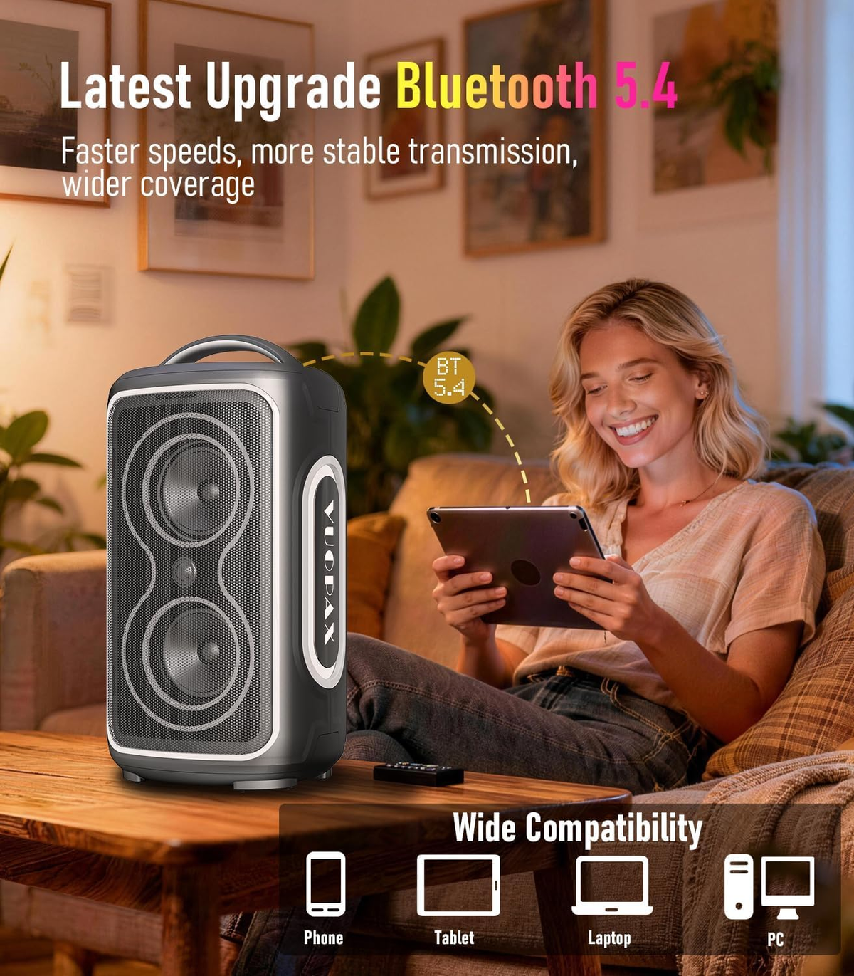B72  portable Bluetooth speaker features party lights, dual subwoofers, IP65 water resistance, and wireless Bluetooth 5.4