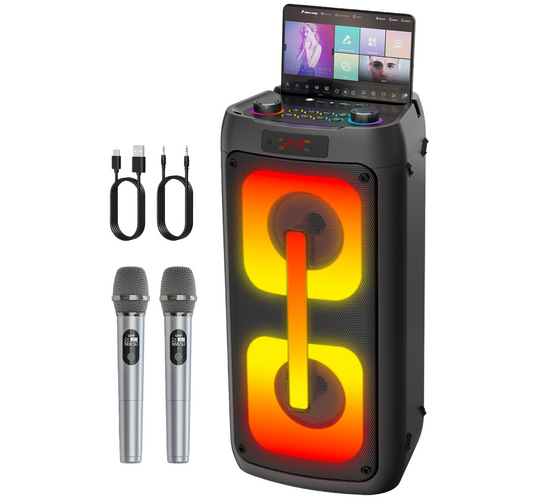 Karaoke Machine for Adults, Bluetooth Speaker with 2 Wireless Microphones, Portable PA System with Dicso Lights for Big Pary, Stage Subwoofers, Outdoor, Ideal Gifts for Family, Music Lover