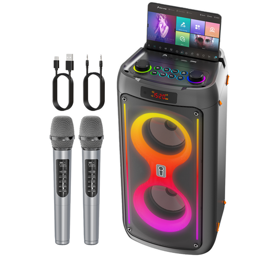 Karaoke Machine for Adults, Portable Bluetooth Speaker with 2 Wireless Microphones, PA System with Disco Lights for Big Party, Outdoor, Supports USB/TF/REC/FM/AUX, Ideal Gifts for Family, Music Lover
