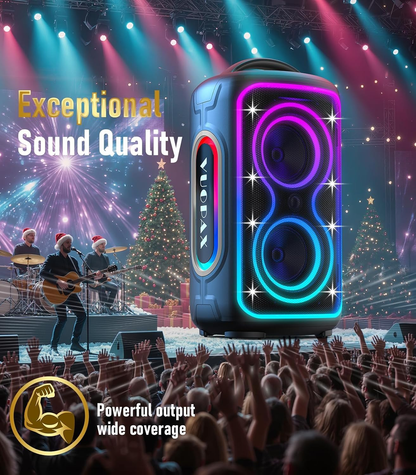 B72  portable Bluetooth speaker features party lights, dual subwoofers, IP65 water resistance, and wireless Bluetooth 5.4